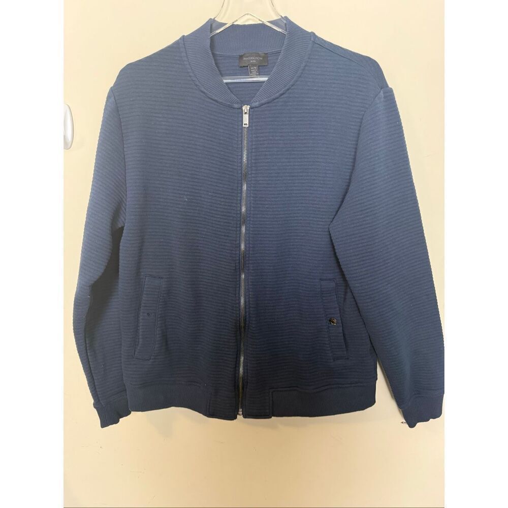 Magaschoni Man Navy Ribbed Knit Full Zip Jacket Textured Bomber Style Men M